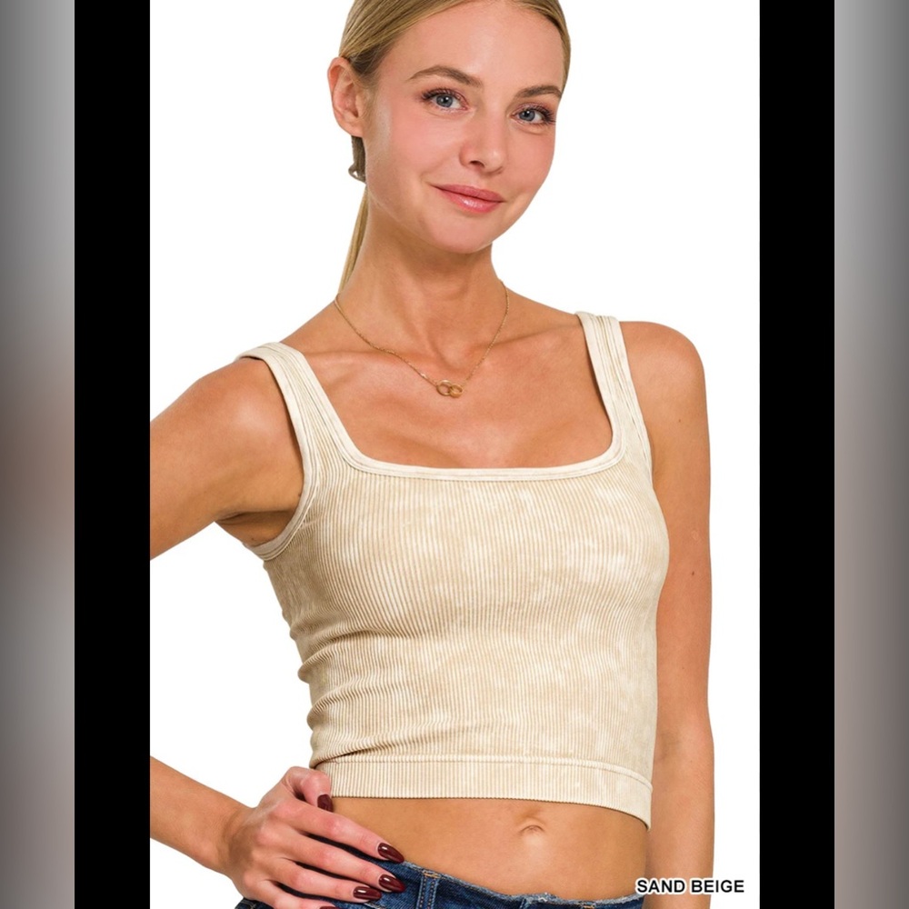 ZENANA Washed Ribbed Scoop Neck Cropped Tank Top – Sand Beige (L/XL)